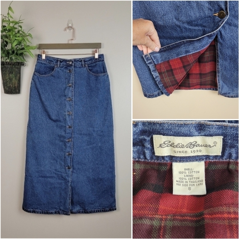 Eddie Bauer Vintage Flannel Lined Jean Skirt Long Denim Button Down Plaid Y2K - Picture 1 of 14